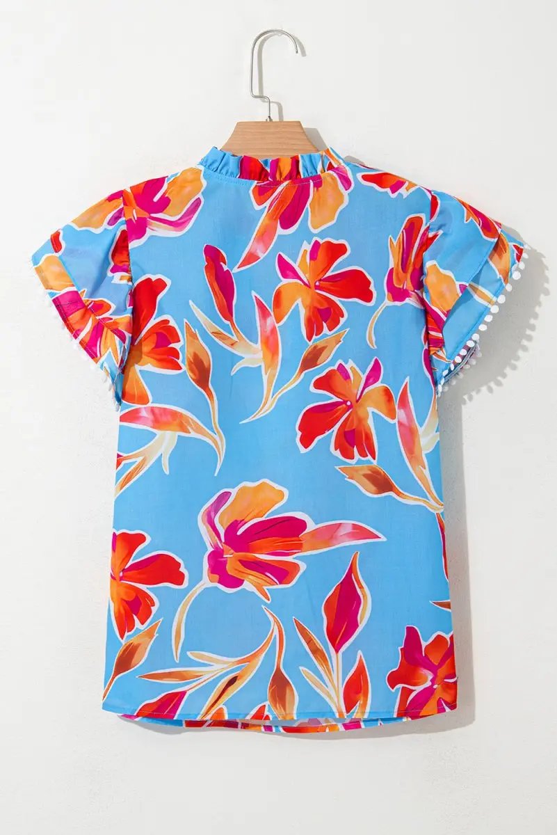 Sky Blue Floral Print V Neck Pompom Trim Flutter Sleeve Blouse - Love Salve